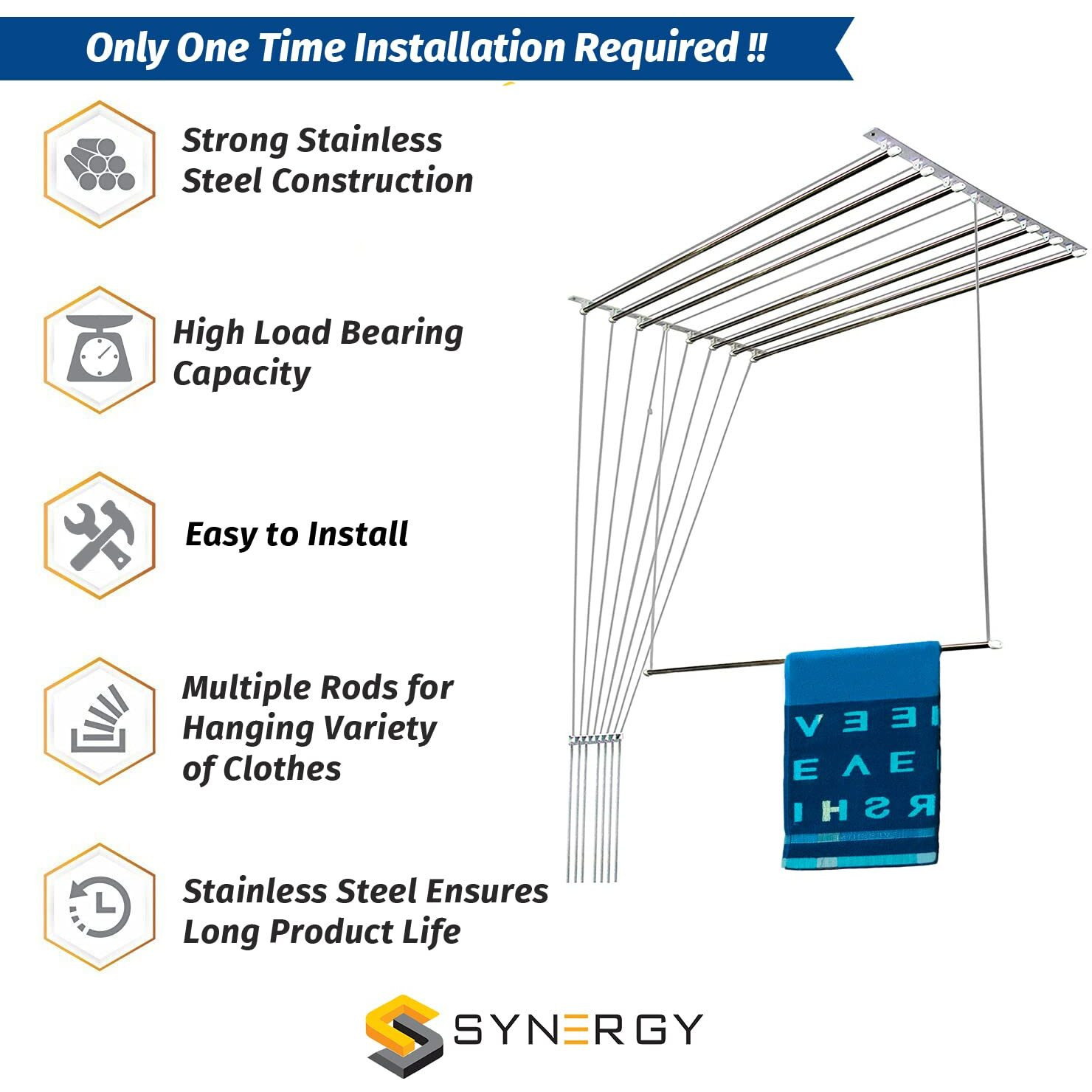 Synergy - 8 Pipes x 4 Feet - Heavy Duty - Stainless Steel Ceiling Clothes Hanger/Cloth Dryer with UV Protected Rope and Individual Drop Down Railers (SY-CL1-8P)