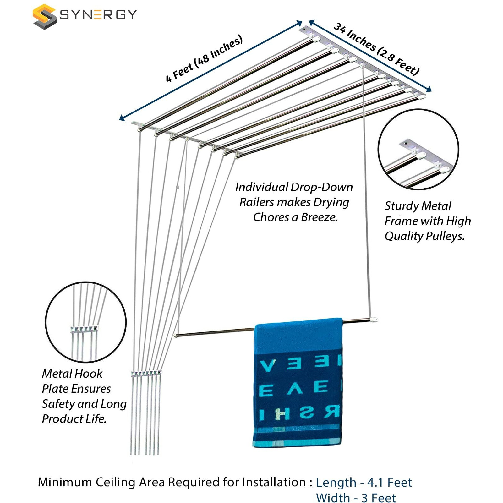 Synergy - 8 Pipes x 4 Feet - Heavy Duty - Stainless Steel Ceiling Clothes Hanger/Cloth Dryer with UV Protected Rope and Individual Drop Down Railers (SY-CL1-8P)