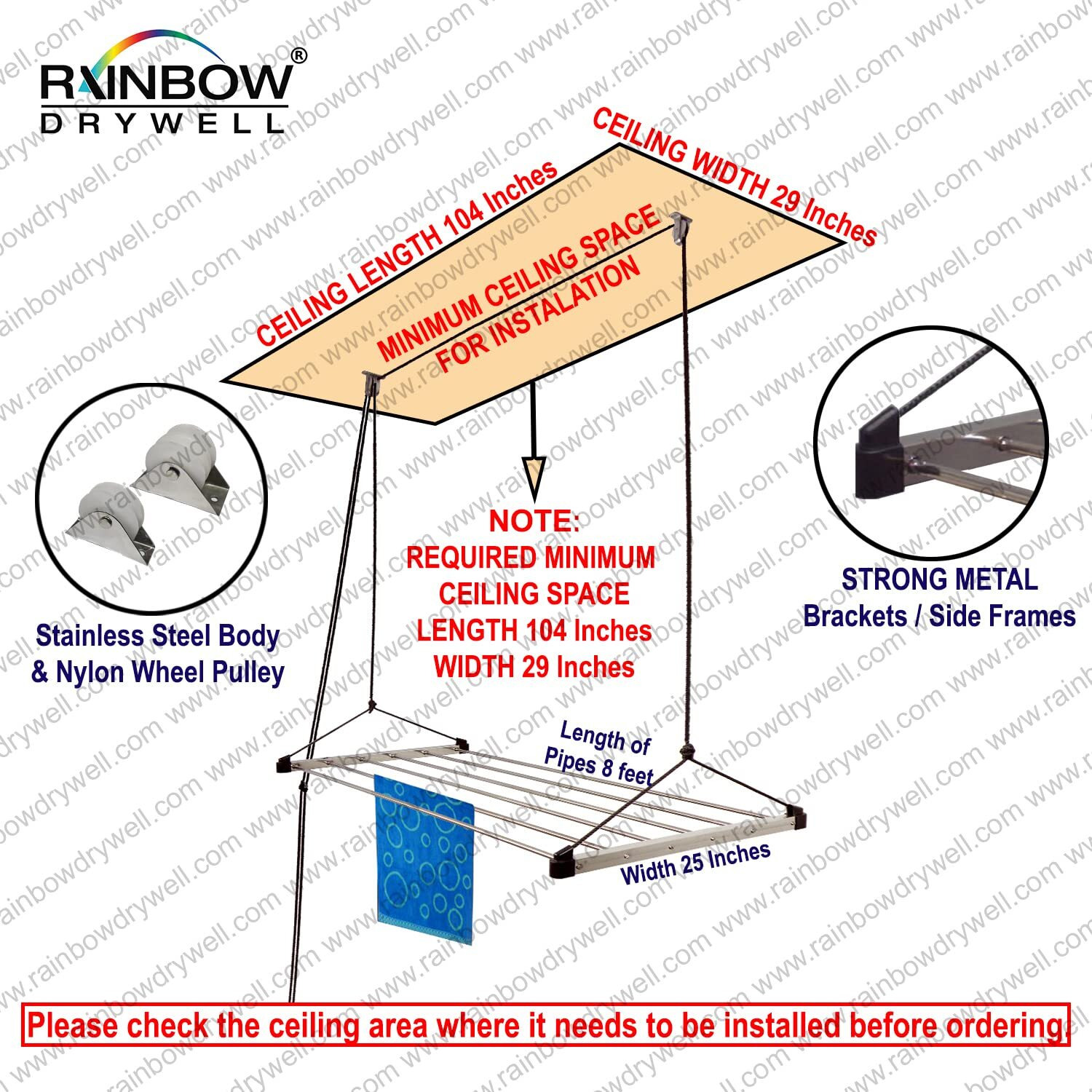 Rainbow Drywell Economy 6 Pipes 8 Feet Stainless Steel Roof/Ceiling Pulley Operated Drying Rack/Cloth Dryer/Clothes Hanger for Balcony/Passage/Bathroom