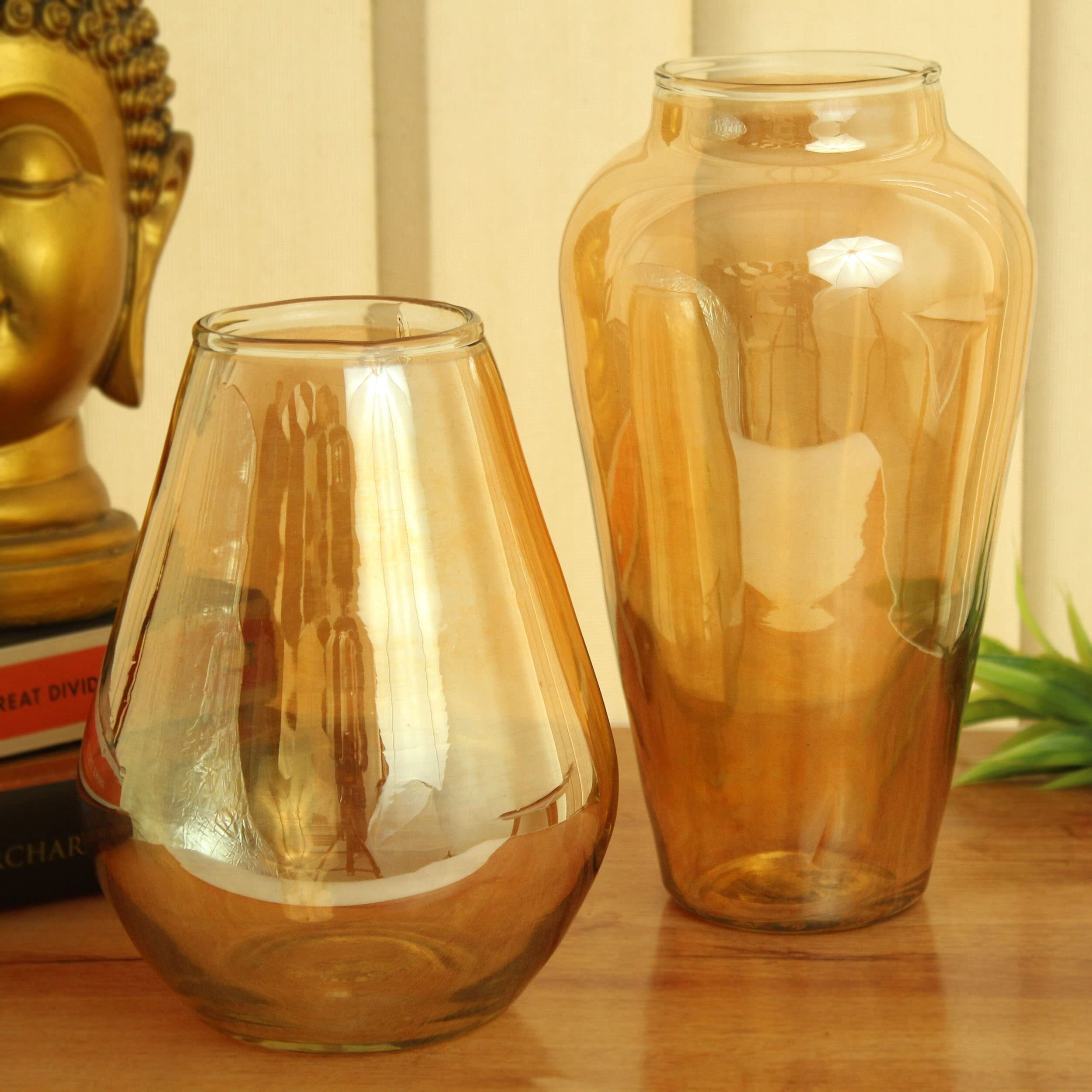 TIED RIBBONS Set Of 2 Trumpet Shape Decorative Glass Vase For Flowers Home Decor Kitchen Living Room Bedroom Flowers Plants Office Dining Table Centerpiece Birthday Wedding Decoration Items (Gold)
