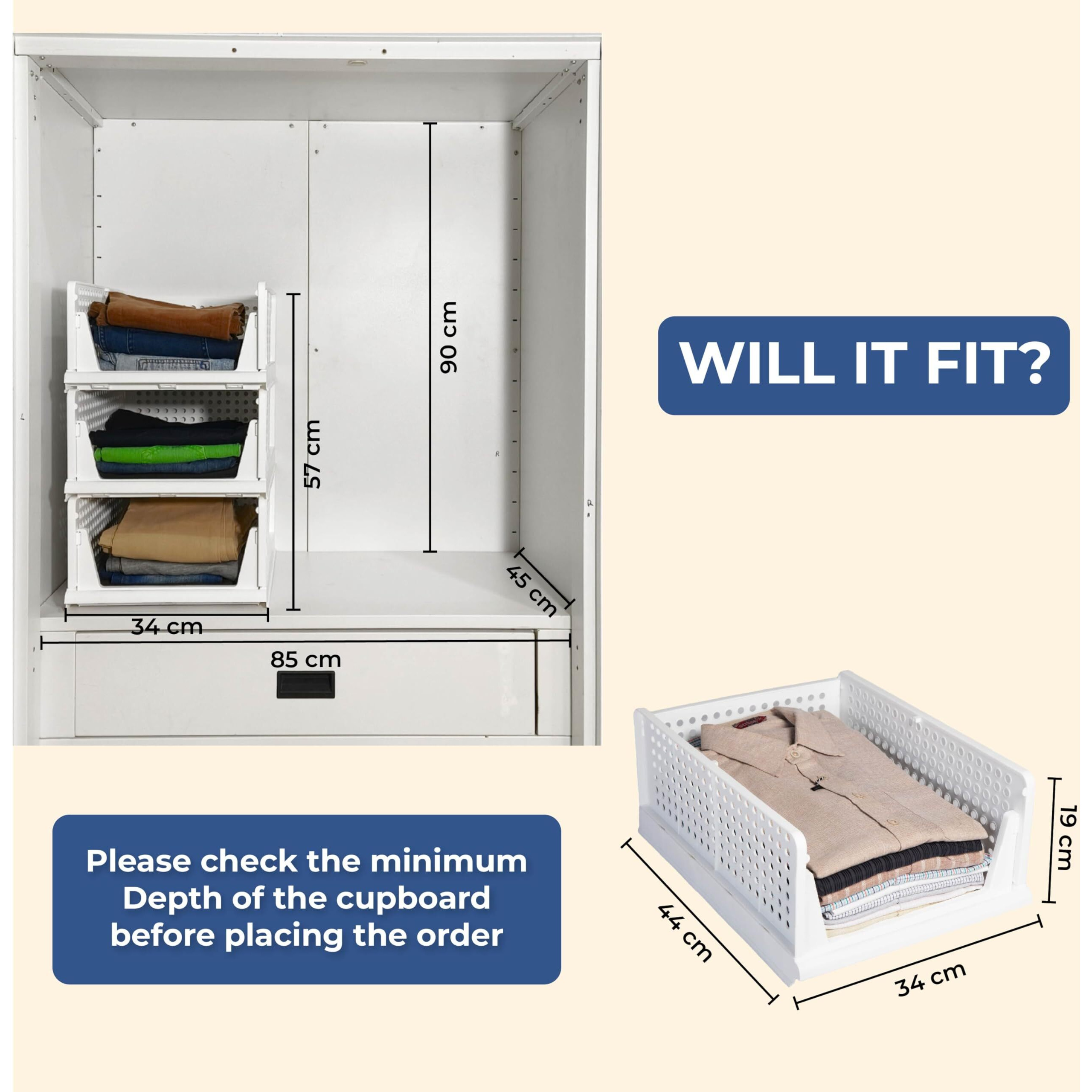 HomeStrap Set of 5, Stack it Up | Large Cloth Stacker | Foldable Shirt Storage Stacker for Wardrobe | Plastic Stackable Closet Organizer | White