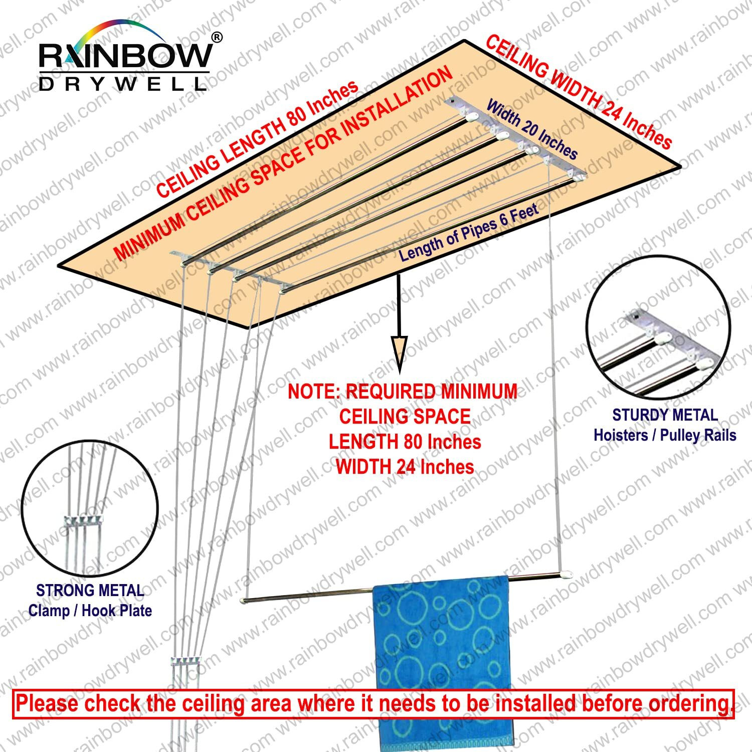 Rainbow Drywell Luxury 5 Pipes 6 Feet Stainless Steel Roof/Ceiling Pulley Operated Individual drop down Drying Rack/Cloth Dryer/Clothes Hanger for Balcony/Passage/Bathroom
