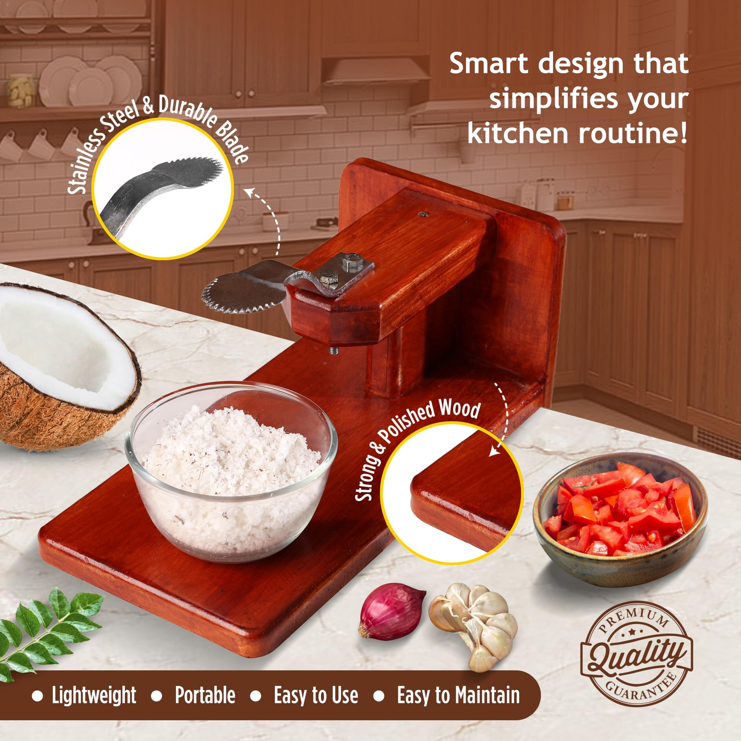 Bmado Homefull Polished Wooden Table Top Coconut Scraper Chirava Grater Thengai Thuruvi(Weight-850 gram)