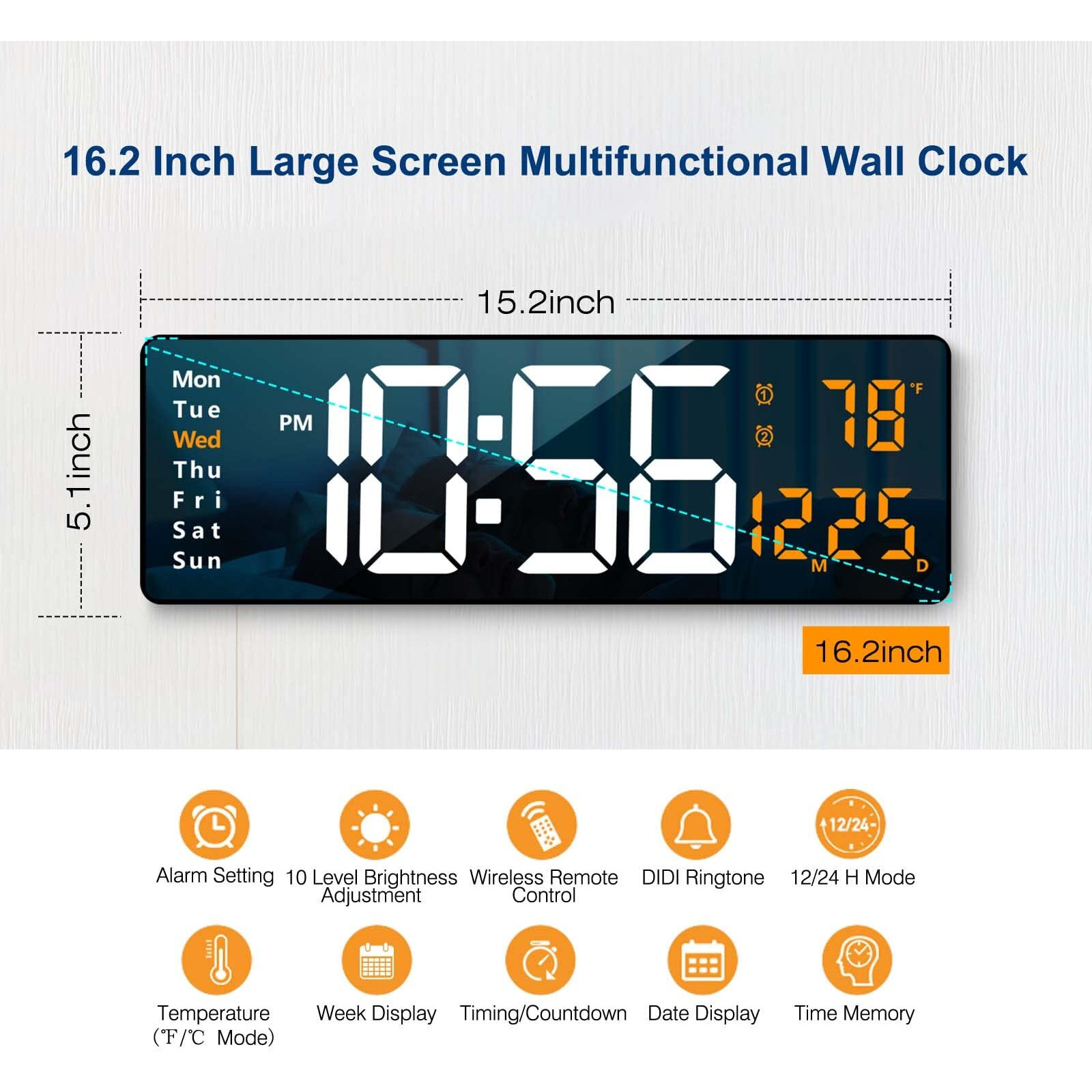 Digital Wall Clock Large Display, 16.2 Inch Large Wall Clocks, Modern LED Digital Clock with Remote Control for Living Room Decor, Automatic Brightness Dimmer Big Clock with Date Week Temperature