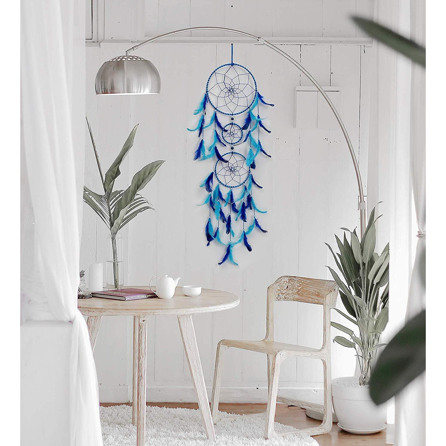 ILU Dream Catchers, Wall Hangings, Home Decor, Handmade Dreamcatcher for Bedroom, Balcony, Garden, Party, Cafe, Small Ring Beaded Blue & Light Blue Feathers, 17cm Diameter, Length 80cm