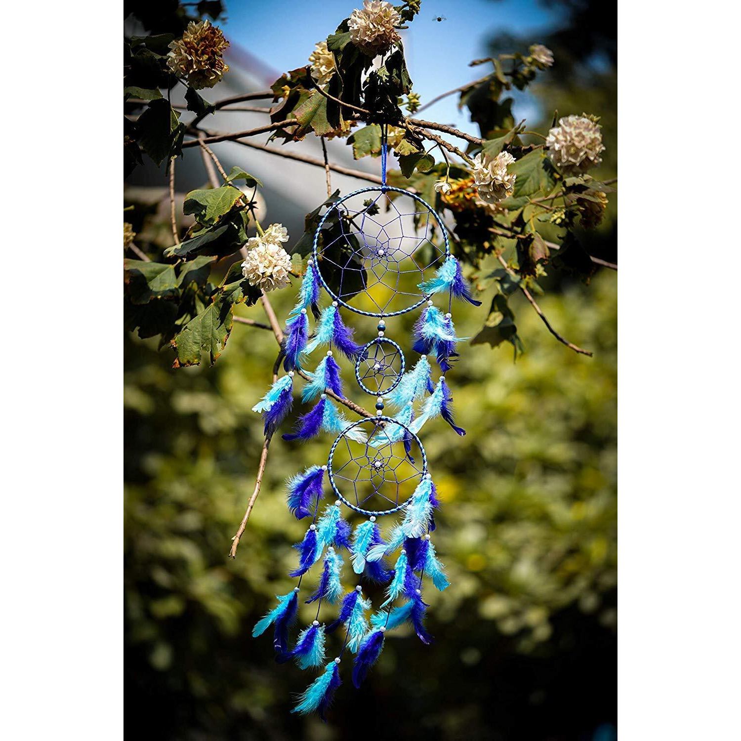 ILU Dream Catchers, Wall Hangings, Home Decor, Handmade Dreamcatcher for Bedroom, Balcony, Garden, Party, Cafe, Small Ring Beaded Blue & Light Blue Feathers, 17cm Diameter, Length 80cm