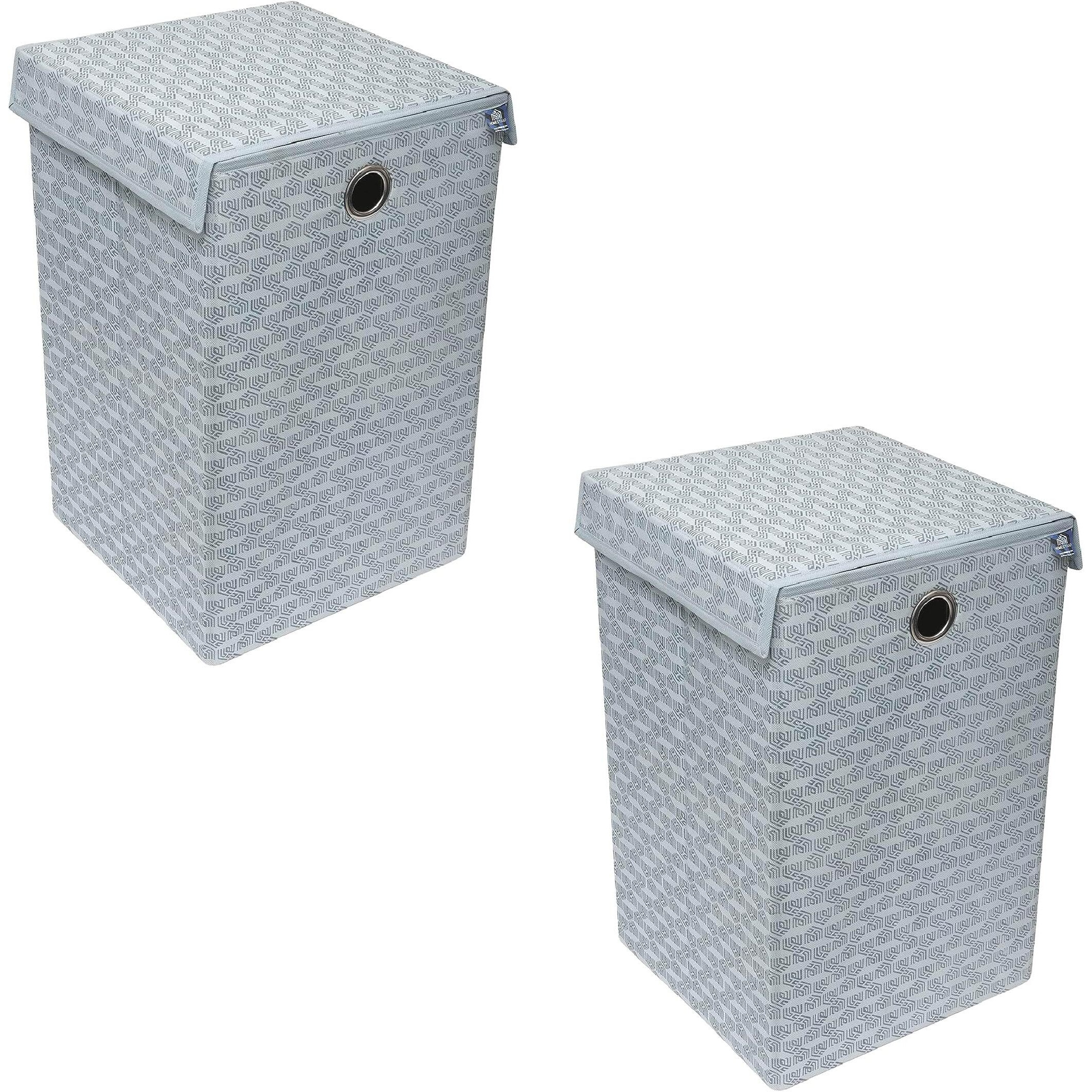 Homestrap Printed Foldable Laundry Bag/Bin Cum Basket with Lid and Handle Capacity- (75LTR) (Grey) Pack of 2 (Featured on Shark Tank)(Polypropylene)