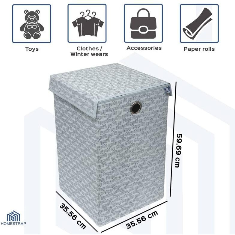 Homestrap Printed Foldable Laundry Bag/Bin Cum Basket with Lid and Handle Capacity- (75LTR) (Grey) Pack of 2 (Featured on Shark Tank)(Polypropylene)
