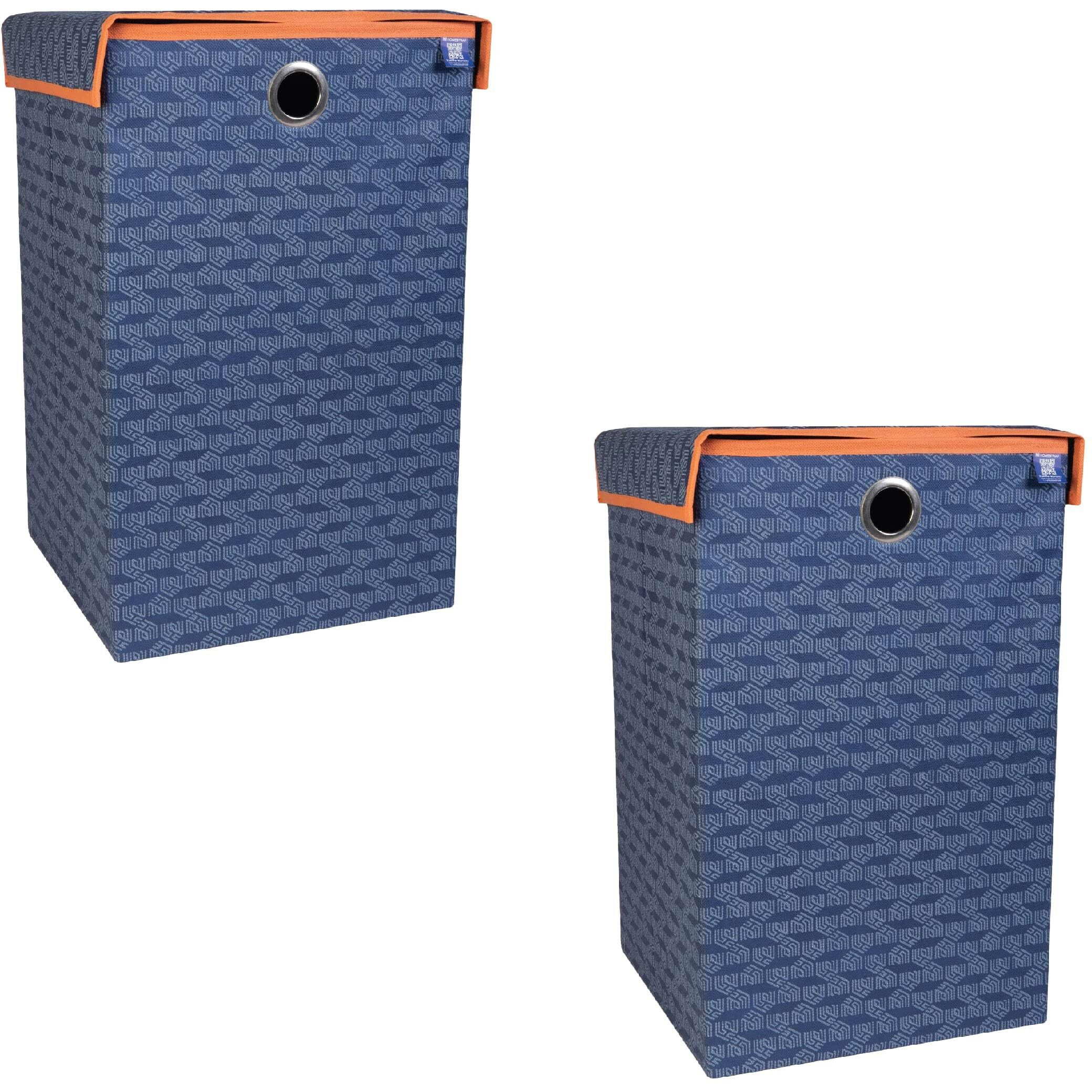 Homestrap Printed Foldable Laundry Bag/Bin Cum Basket with Lid and Handle Capacity- (75LTR) (Navy Blue & Orange) Pack of 2(Featured on Shark Tank)