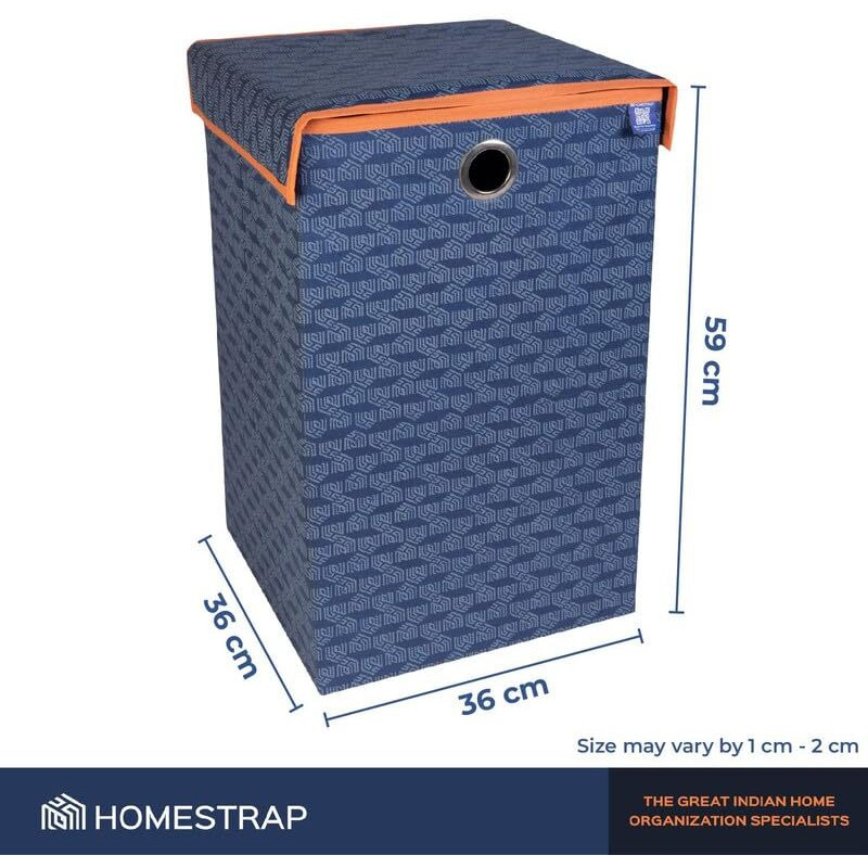 Homestrap Printed Foldable Laundry Bag/Bin Cum Basket with Lid and Handle Capacity- (75LTR) (Navy Blue & Orange) Pack of 2(Featured on Shark Tank)