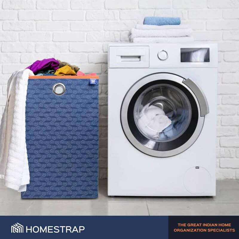 Homestrap Printed Foldable Laundry Bag/Bin Cum Basket with Lid and Handle Capacity- (75LTR) (Navy Blue & Orange) Pack of 2(Featured on Shark Tank)
