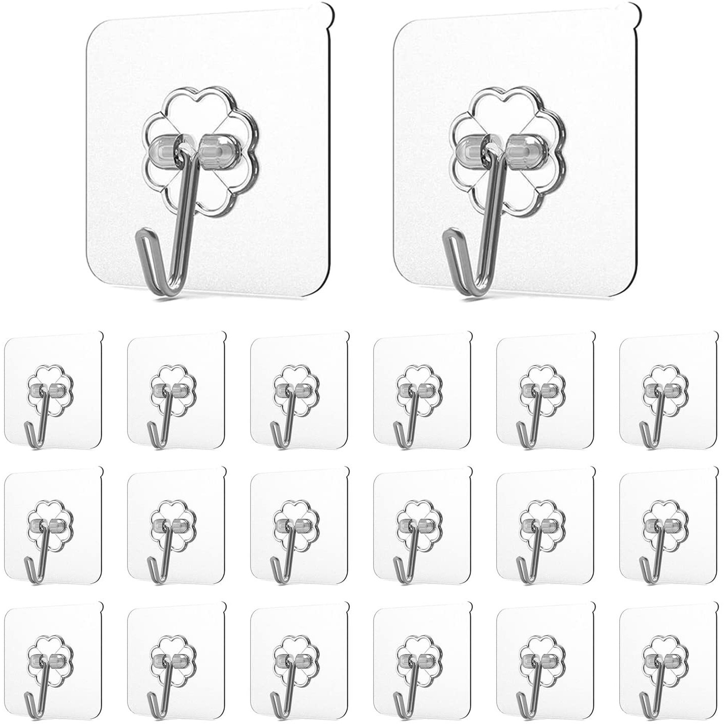HASTHIP 20pcs Heavy Duty Self Adhesive Hooks, Transparent Wall Hooks for Bathroom Shower Door Kitchen Outdoor Home Improvement Utility Hook for wall without drilling