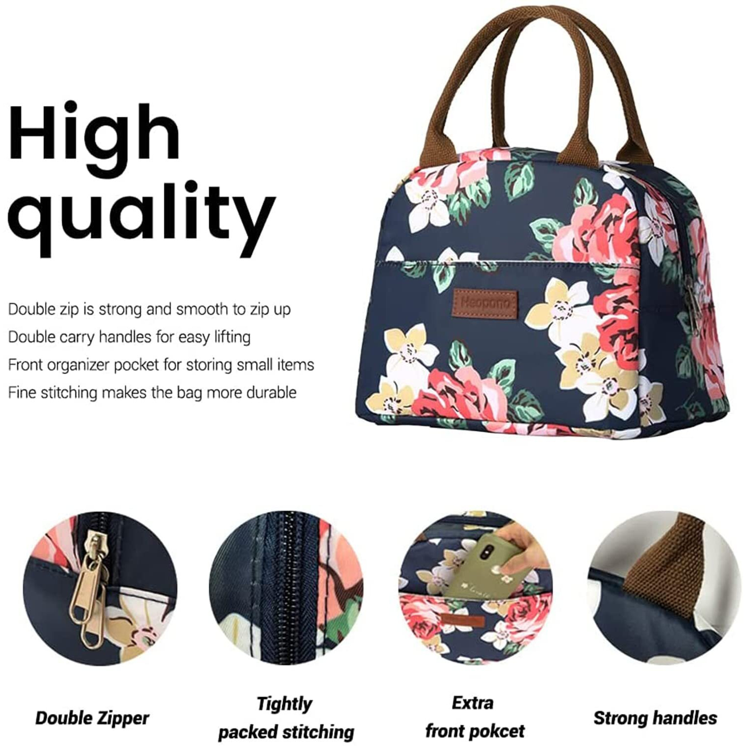 House of Quirk Insulated Reusable Nylon Lunch Bag Tote Bag for Women, Printed Lunch Bag for School, Picnic, Office, Outdoor, Gym (Navy Rose Flower)