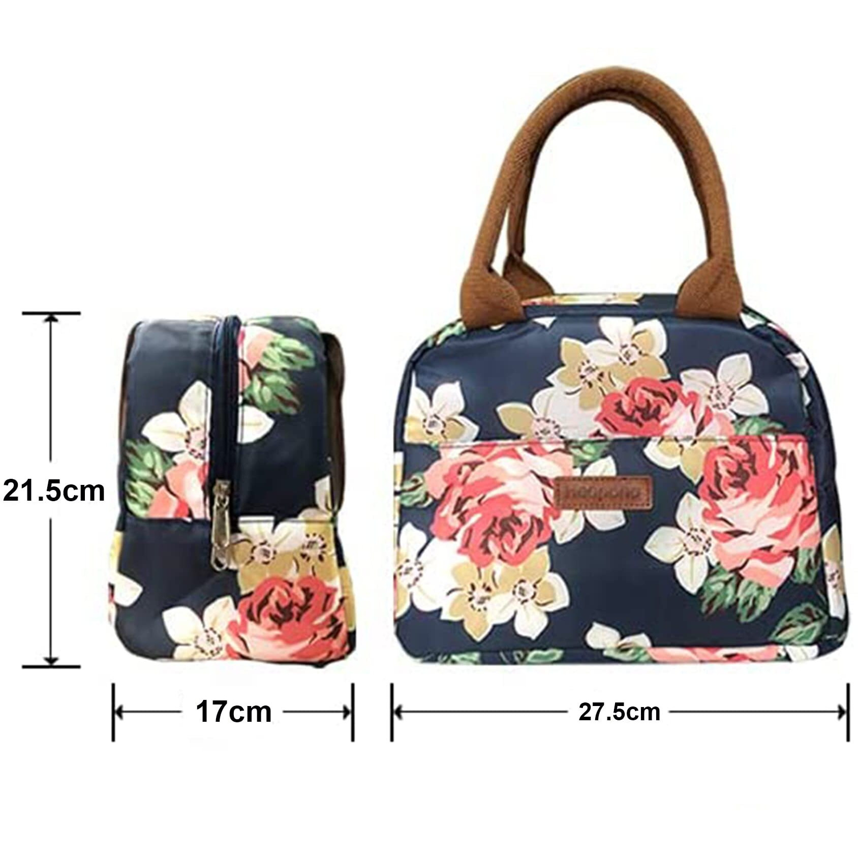 House of Quirk Insulated Reusable Nylon Lunch Bag Tote Bag for Women, Printed Lunch Bag for School, Picnic, Office, Outdoor, Gym (Navy Rose Flower)