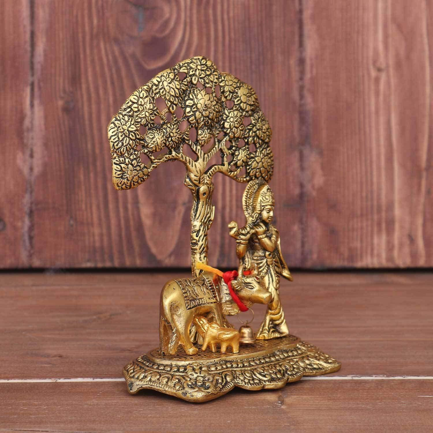 KridayKraft Prince Home Decor & Gifts Metal Krishna With Cow Standing Under Tree Plying Flute (Gold, 12.5X8X16Cm), 1 Piece
