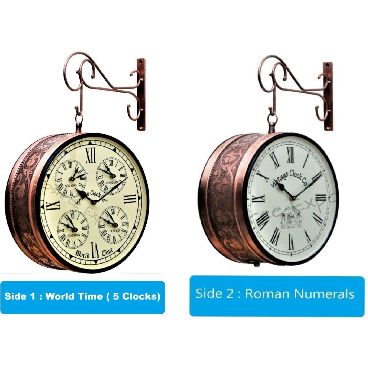 Vintage Clock Iron Handcrafted Double Side Analog Clock With World Time & Roman Numbers 1 Year Warranty (12 Inches Size , Rose Gold Finish , Floral Design, Vc-65471)