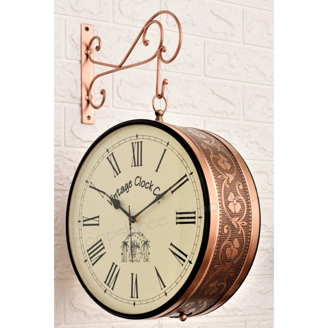 Vintage Clock Iron Handcrafted Double Side Analog Clock With World Time & Roman Numbers 1 Year Warranty (12 Inches Size , Rose Gold Finish , Floral Design, Vc-65471)