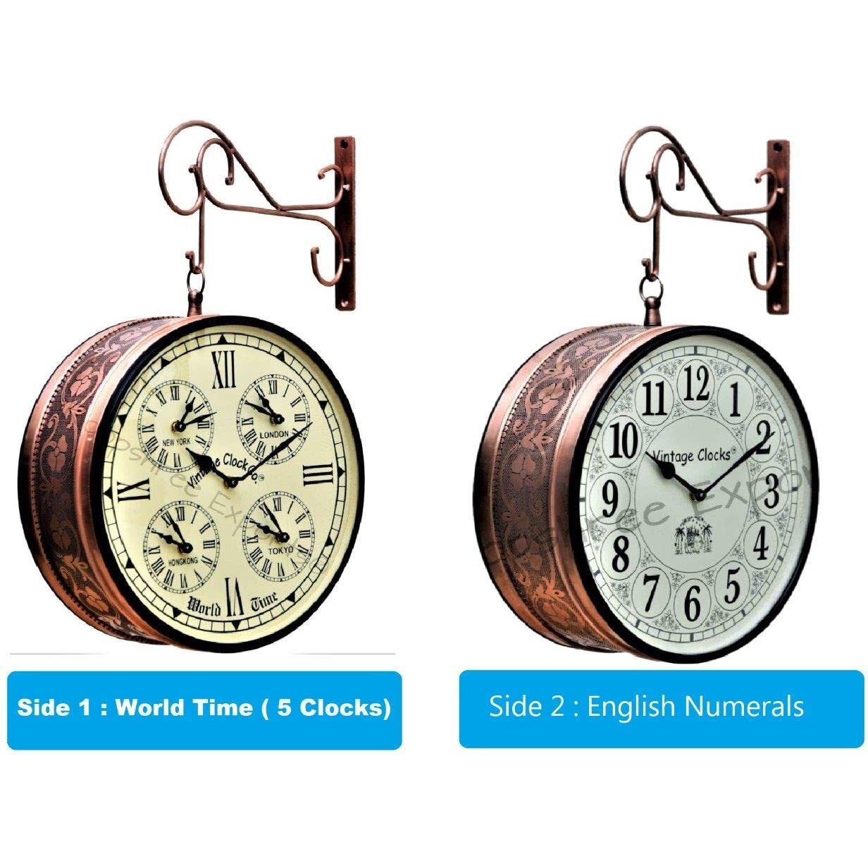 Vintage Clock Iron Handcrafted Double Side Clock With World Time & English Numbers (12 Inches Size Rose Gold Finish Floral Design Vc-65471), Analog