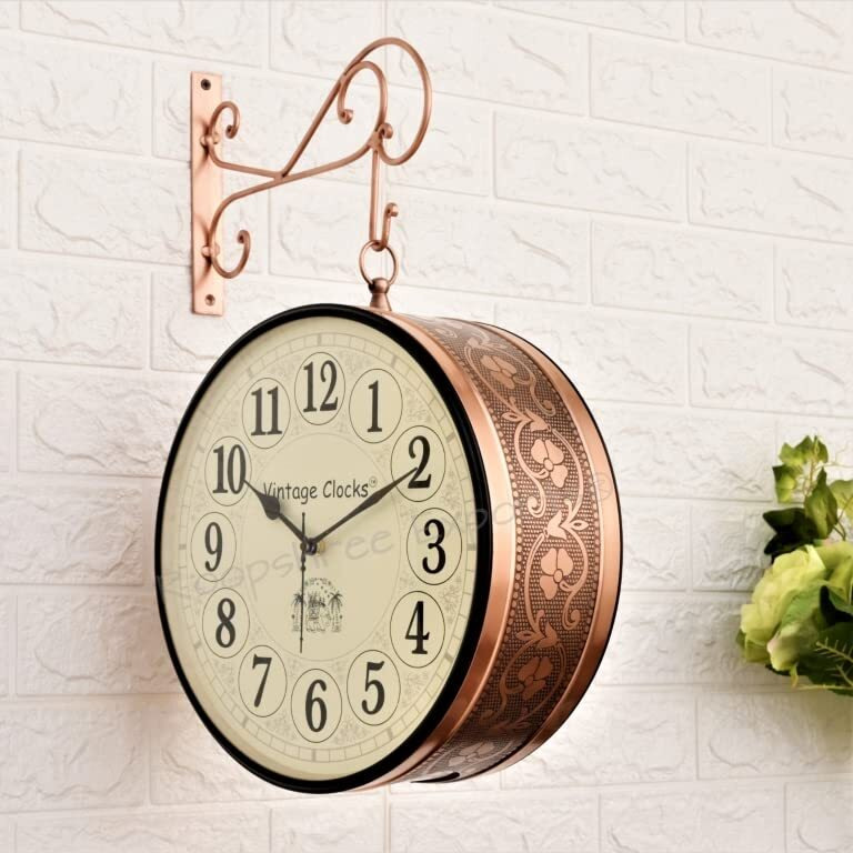 Vintage Clock Iron Handcrafted Double Side Clock With World Time & English Numbers (12 Inches Size Rose Gold Finish Floral Design Vc-65471), Analog
