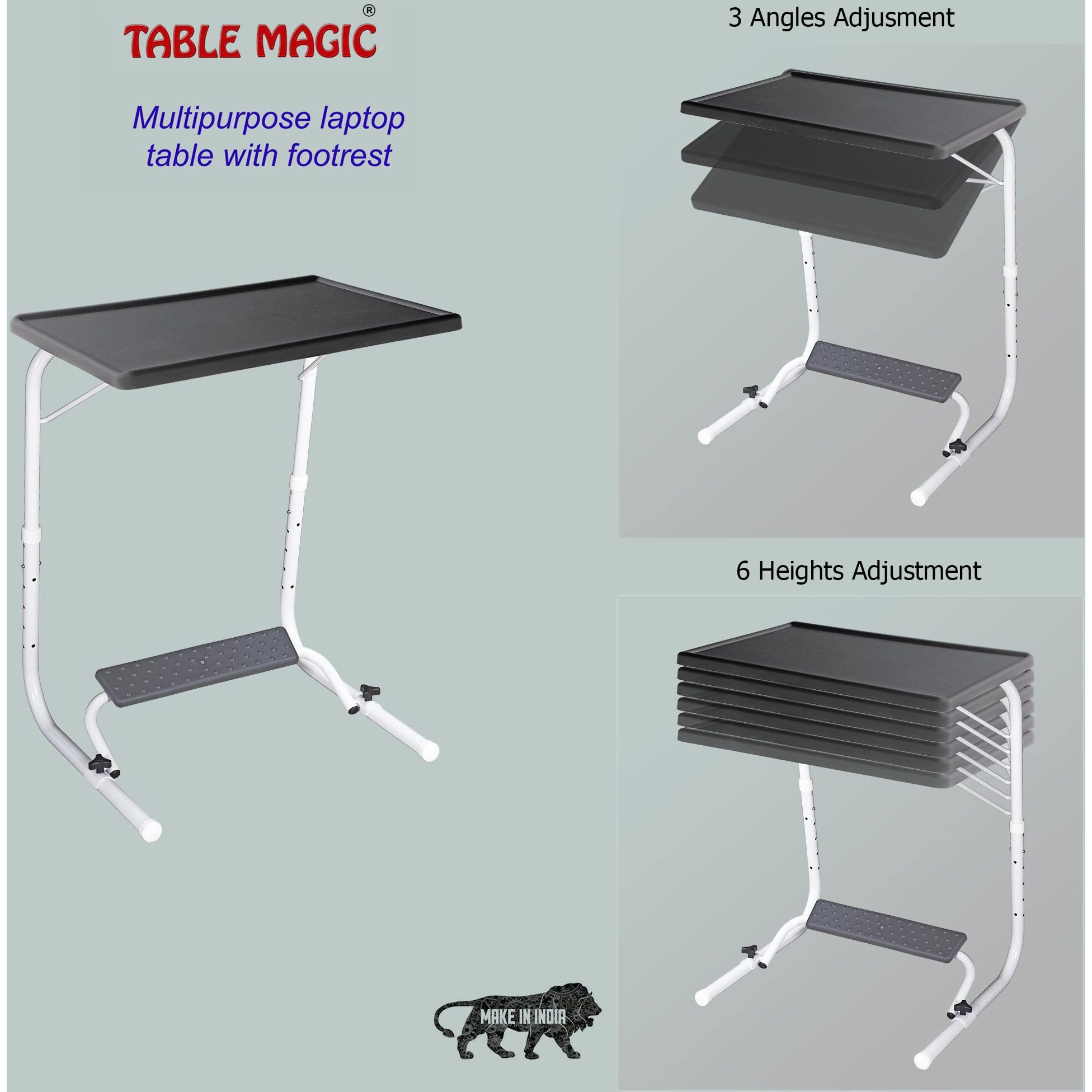 TABLE MAGIC - Laptop Table mat Finish, Lapdesk, Utility Table, Multipurpose Table, Table with footrest, Height Adjustable Table, Work at Home Table (White)
