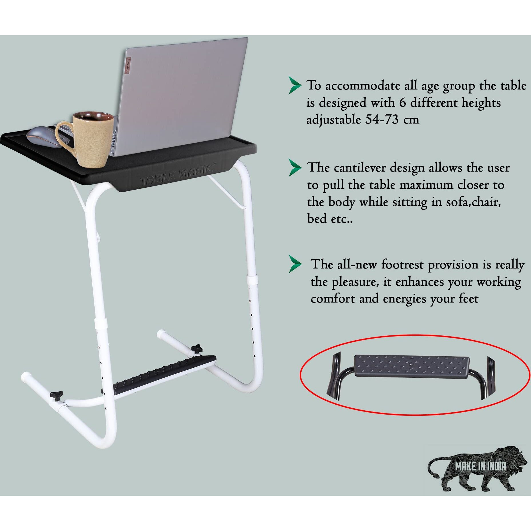 TABLE MAGIC - Laptop Table mat Finish, Lapdesk, Utility Table, Multipurpose Table, Table with footrest, Height Adjustable Table, Work at Home Table (White)