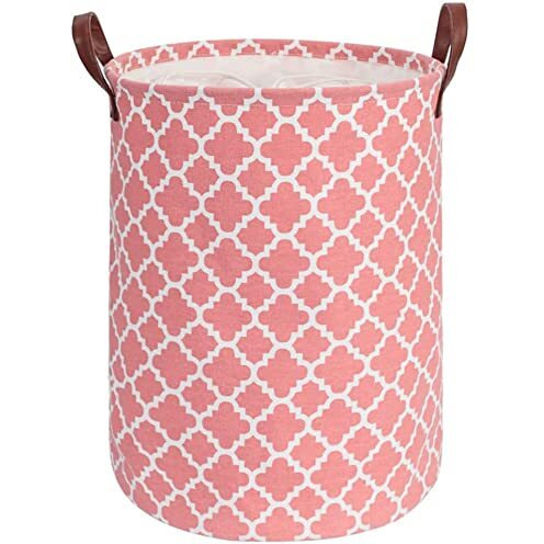 House of Quirk Thickened X-Large 72L Sized Laundry Basket with Durable Leather Handle, Drawstring Round Linen Collapsible Storage Basket, Dirty Clothes Hamper for Bedroom(Pink Diamond)