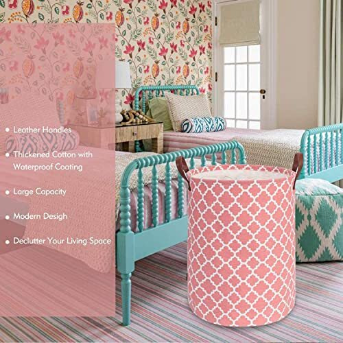 House of Quirk Thickened X-Large 72L Sized Laundry Basket with Durable Leather Handle, Drawstring Round Linen Collapsible Storage Basket, Dirty Clothes Hamper for Bedroom(Pink Diamond)