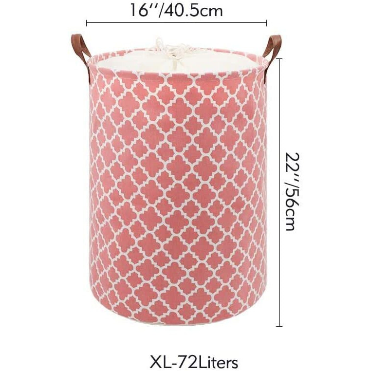 House of Quirk Thickened X-Large 72L Sized Laundry Basket with Durable Leather Handle, Drawstring Round Linen Collapsible Storage Basket, Dirty Clothes Hamper for Bedroom(Pink Diamond)