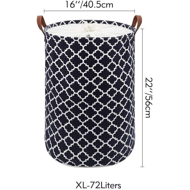 House of Quirk Thickened X-Large 72L Sized Laundry Basket with Durable Leather Handle, Drawstring Round Linen Collapsible Storage Basket, Dirty Clothes Hamper for Bedroom(Black Diamond)
