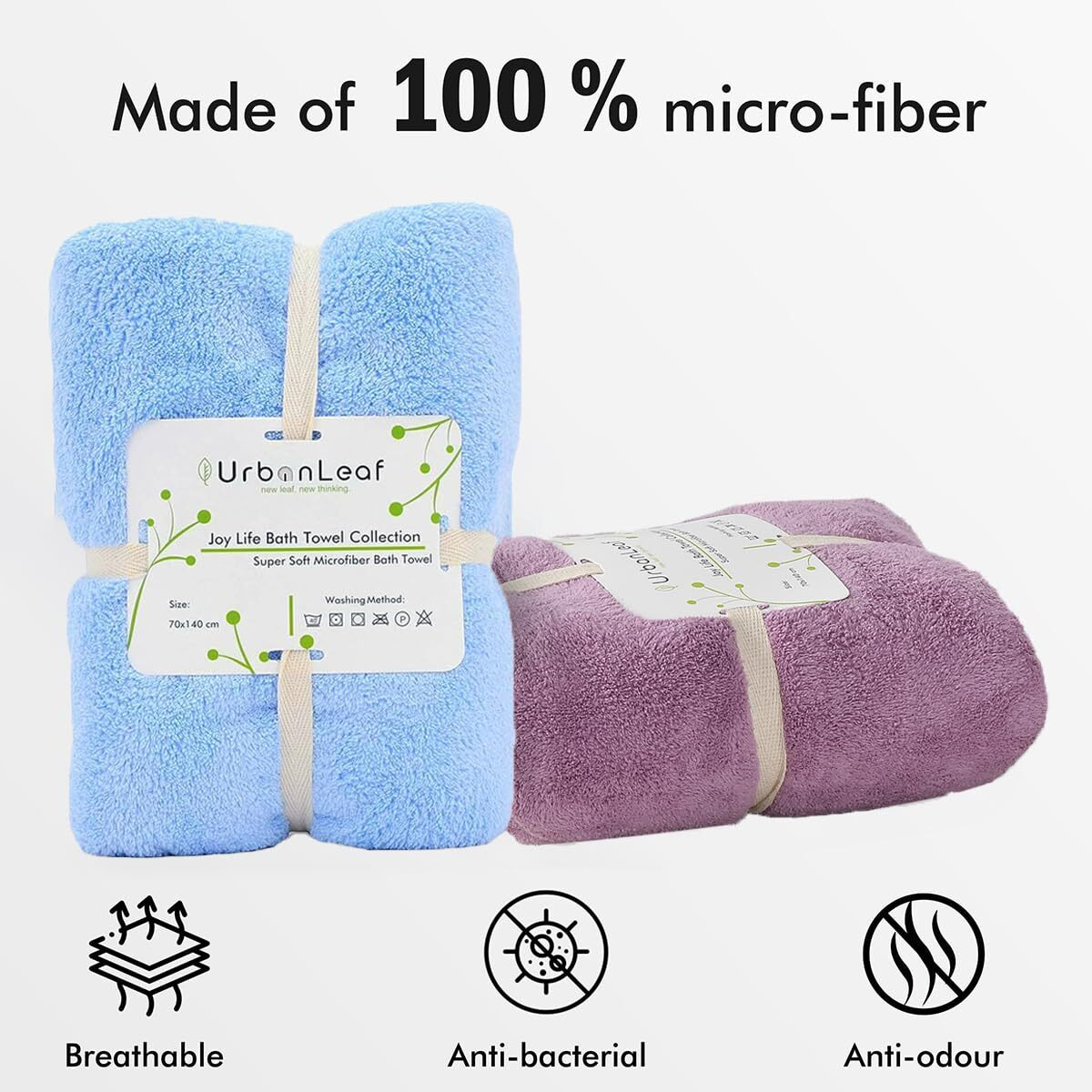 UrbanLeaf Microfiber Large Bath Towel | Quick Dry Super Absorbent - Bath Towel for Men and Women | Blue & Purple | Towel for Bath, Travel, Gym, Beach, Pool, and Yoga (70 X 140 CMs)