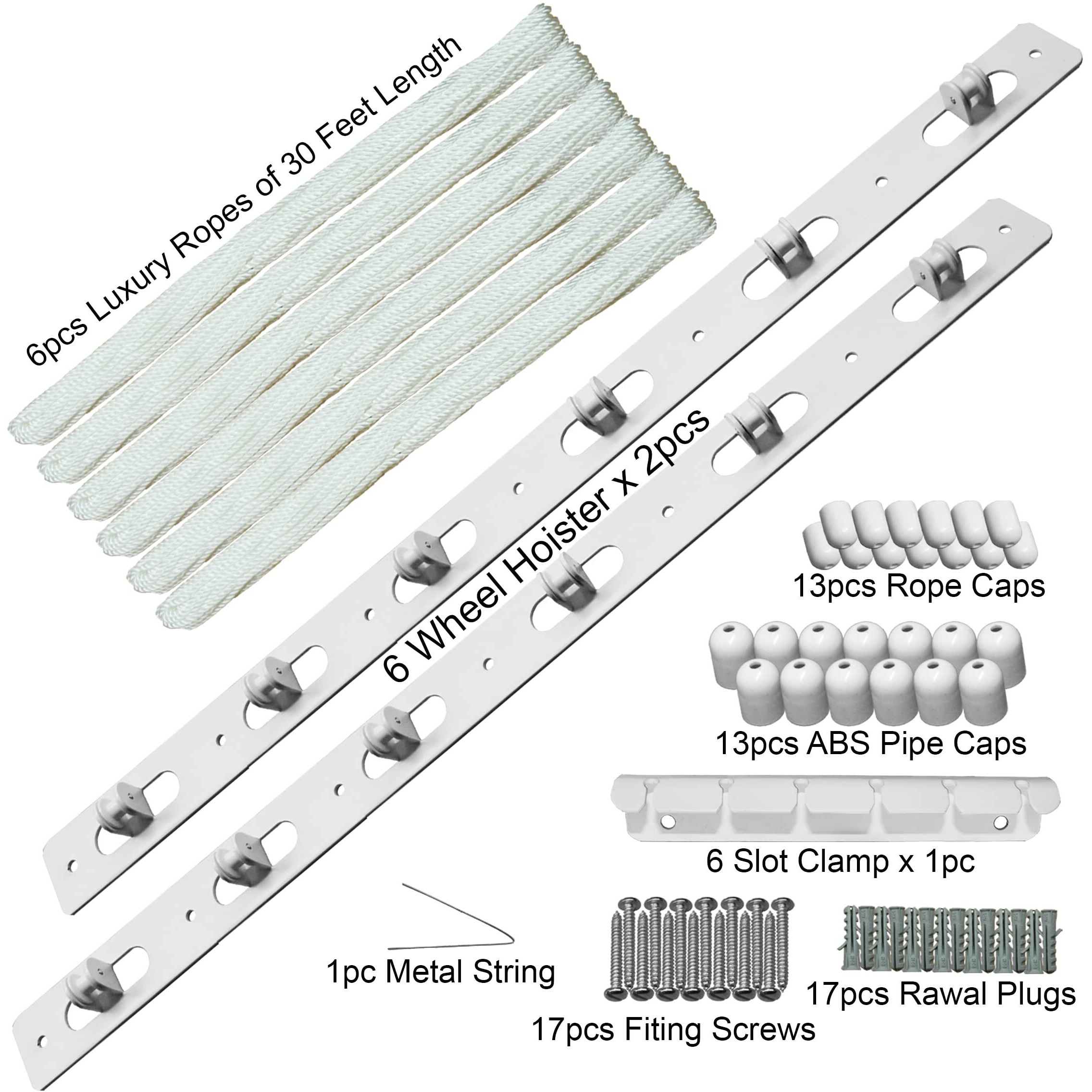 Rainbow Drywell Accessories having Metal Hoisters, Metal Clamp, ABS Caps for 6 Pipe Luxury Individual Drop-Down Ceiling Cloth Dryer Model (Complete Set without Pipes), White