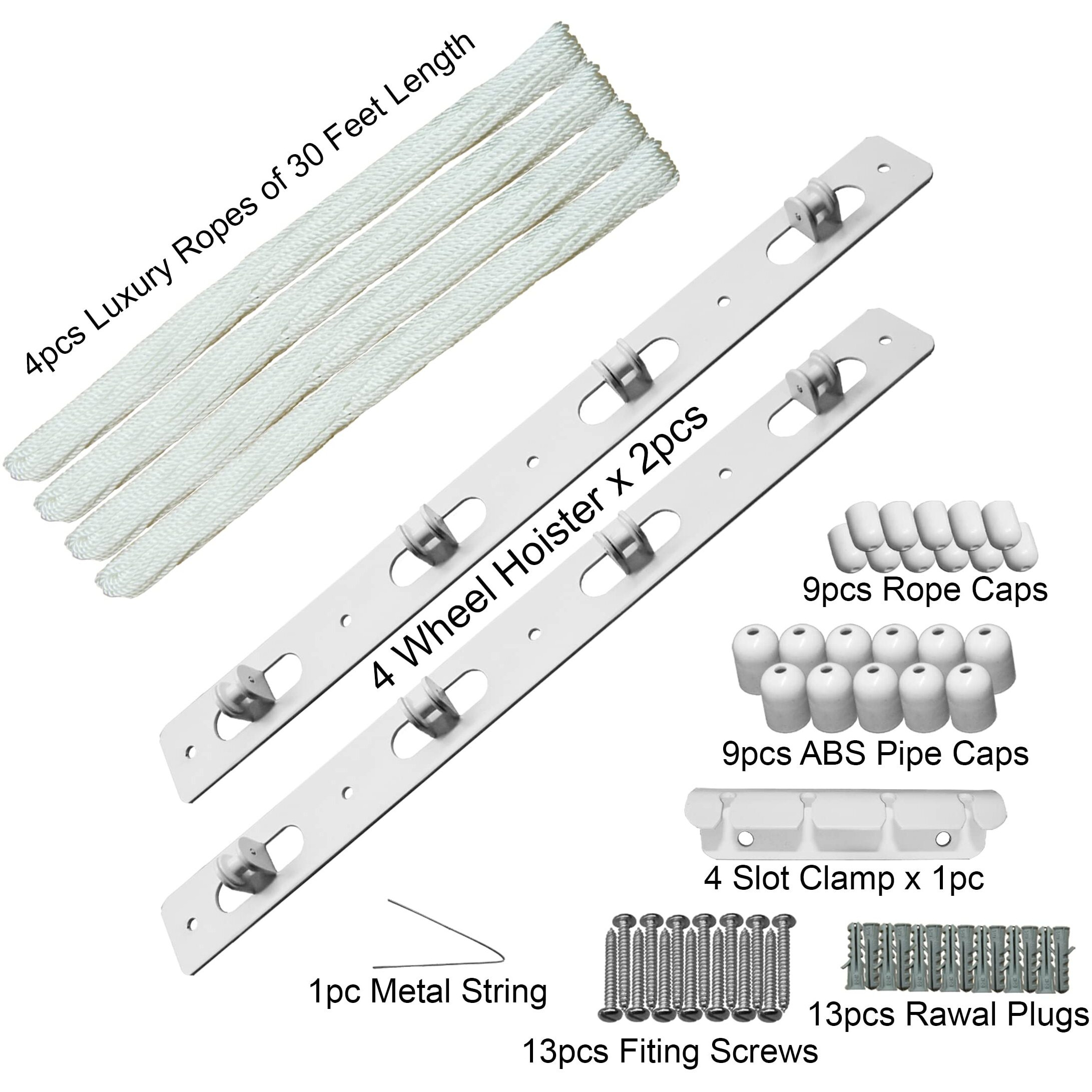 Rainbow Drywell Accessories having Metal Hoisters, Metal Clamp, ABS Caps for 4 Pipe Luxury Individual Drop-Down Ceiling Cloth Dryer Model (Complete Set without Pipes) White