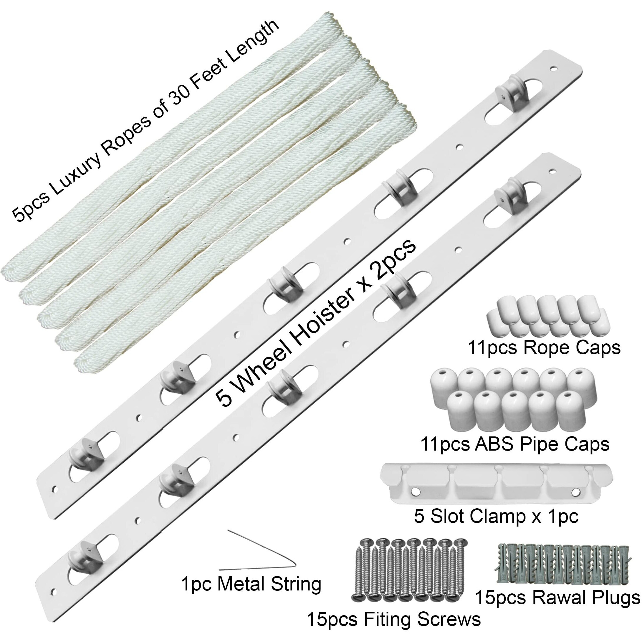 Rainbow Drywell Accessories having Metal Hoisters, Metal Clamp, ABS Caps for 5 Pipe Luxury Individual Drop-Down Ceiling Cloth Dryer Model (Complete Set without Pipes) White