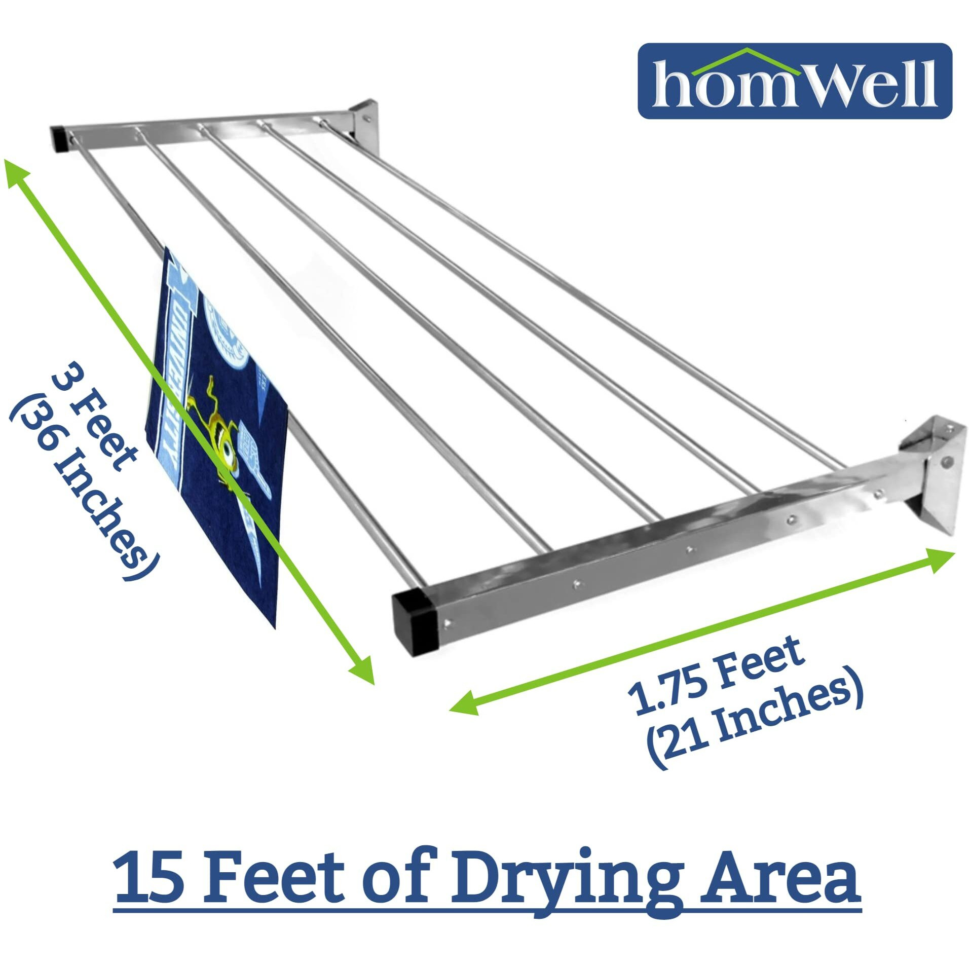 homWell Stainless Steel Heavy Duty 5 Pipe X 3 Feet Wall Mounted Foldable Cloth Drying Stand for Balcony | Cloth Drying Stand