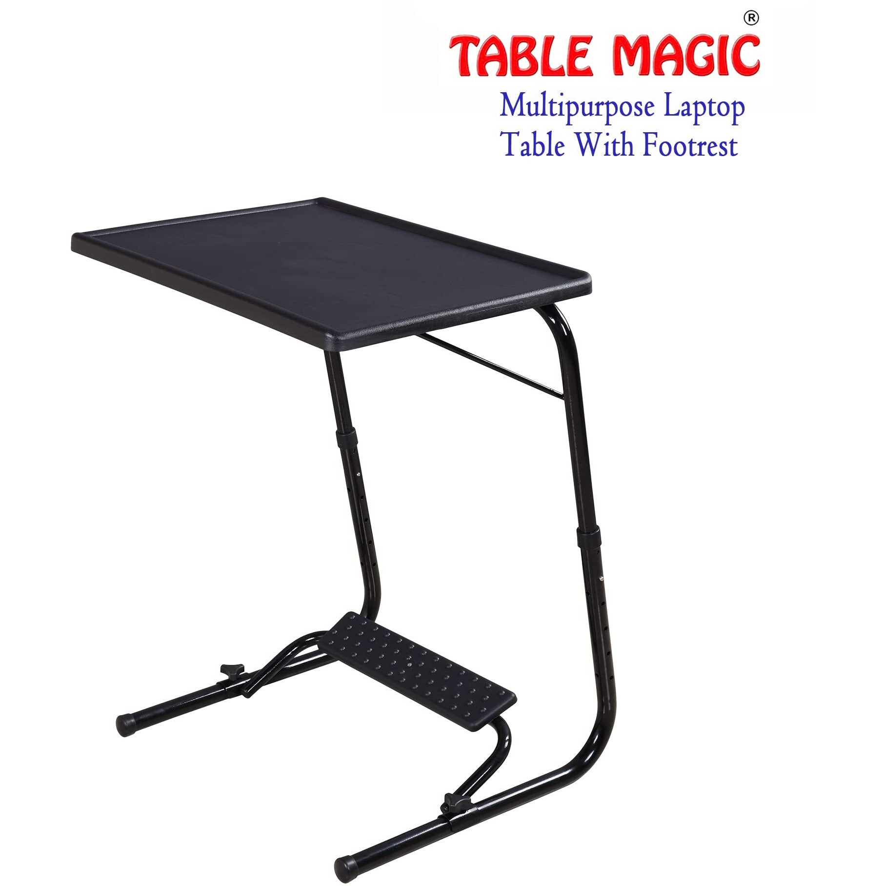 TABLE MAGIC Alloy Steel - Laptop Table Mat Finish, Lapdesk, Utility Table, Multipurpose Table, Table With Footrest, Height Adjustable Table, Work At Home Table, Study Table (Tm Footrest-Black, Large)