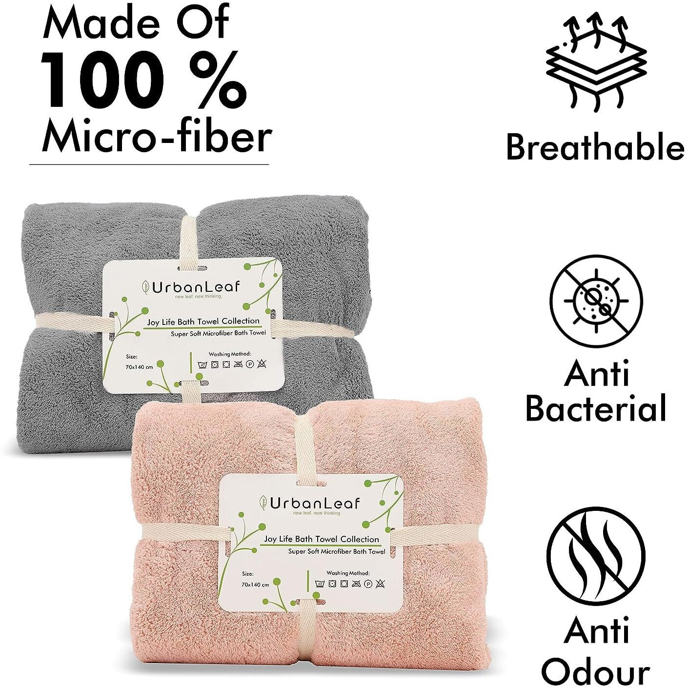 UrbanLeaf Microfiber Large Bath Towel | Quick Dry Super Absorbent - Bath Towel for Men and Women | Grey & Peach | Towel for Bath, Travel, Gym, Beach, Pool, and Yoga (70 X 140 CMs)