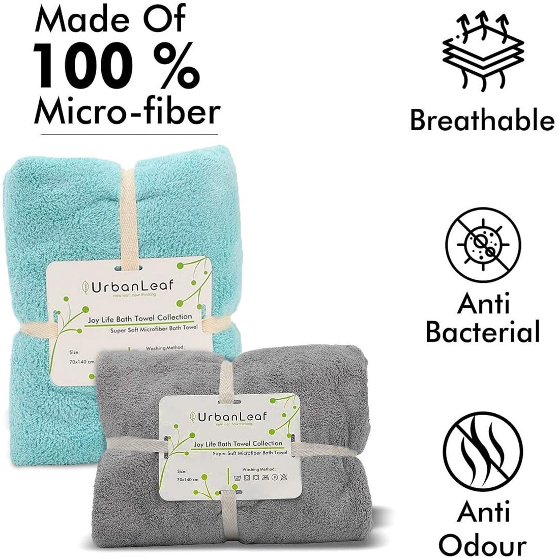 UrbanLeaf Microfiber Large Bath Towel | Quick Dry Super Absorbent - Bath Towel for Men and Women | Grey & Green | Towel for Bath, Travel, Gym, Beach, Pool, and Yoga (70 X 140 CMs)