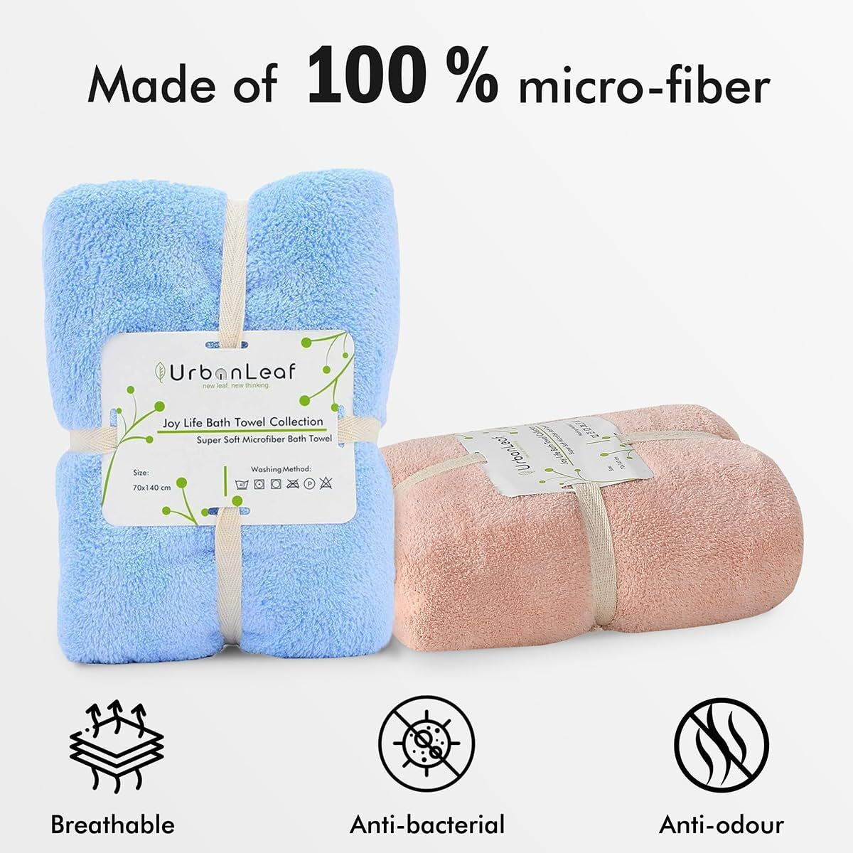 UrbanLeaf Microfiber Large Bath Towel | Quick Dry Super Absorbent - Bath Towel for Men and Women | Peach & Blue | Towel for Bath, Travel, Gym, Beach, Pool, and Yoga (70 X 140 CMs)