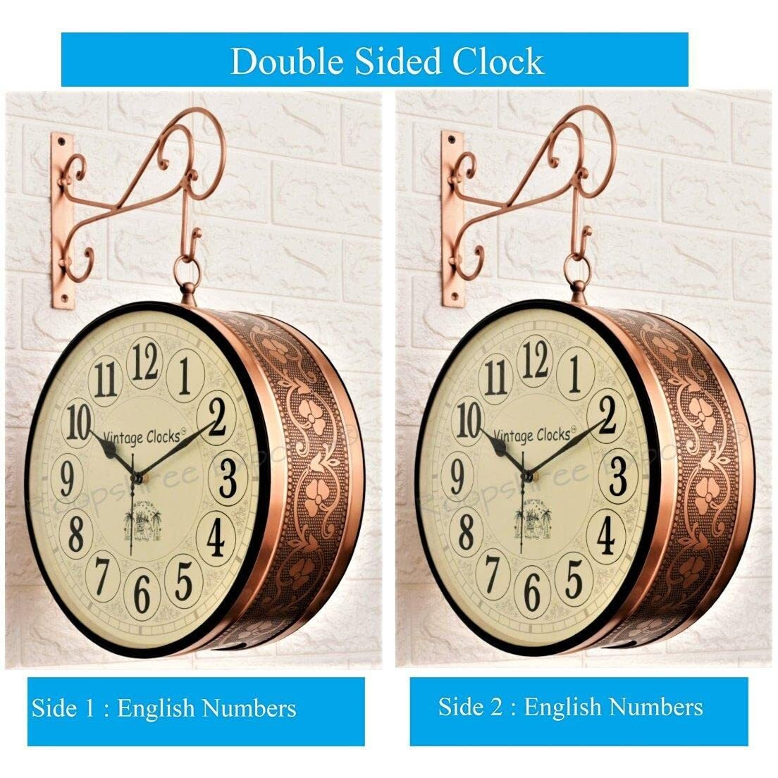 Vintage Clock Handcrafted Double Side Clock With English Numbers (12 Inches Size, Rose Gold Finish, Floral Design, Vc-65471) - Analog, Iron