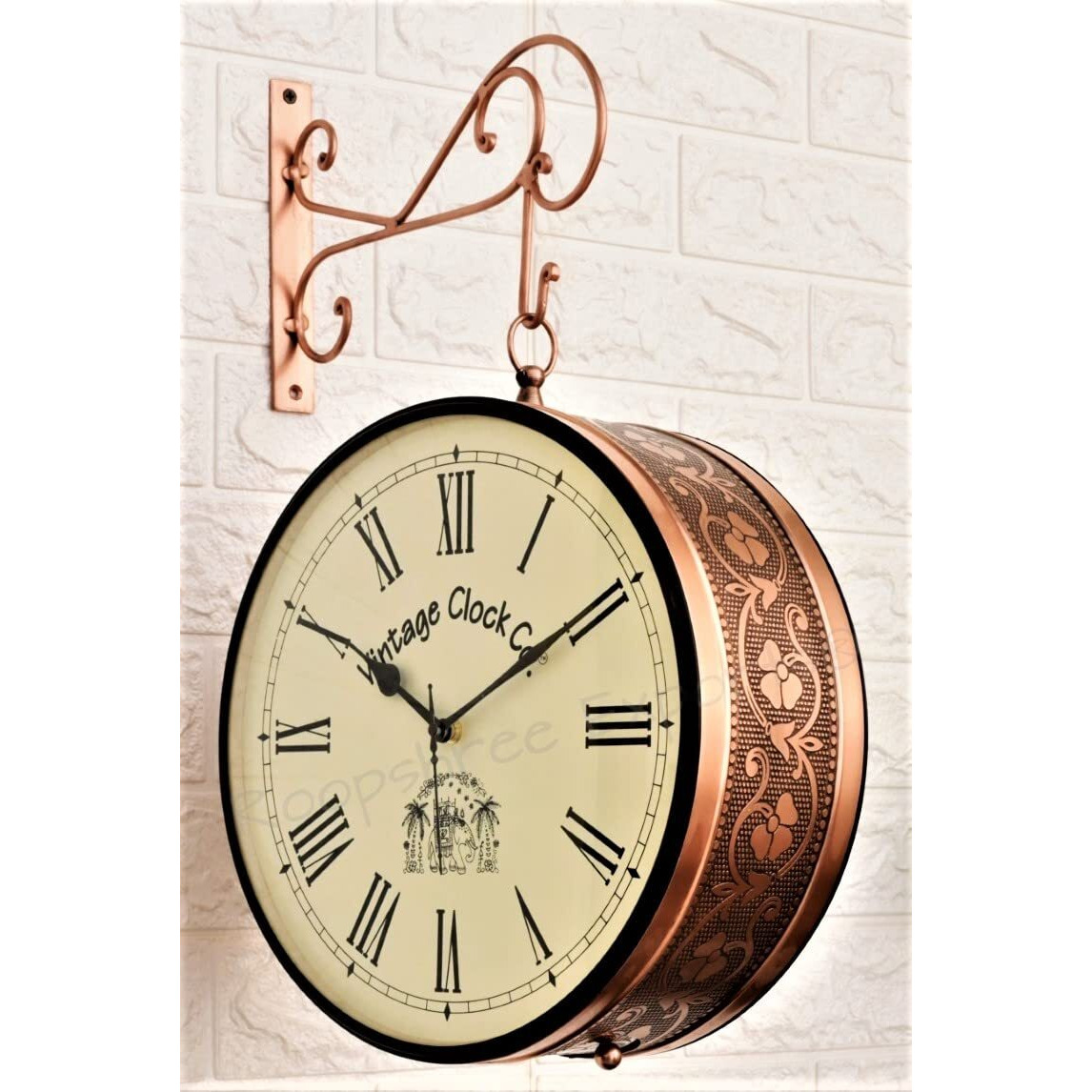 Vintage Clock Handcrafted Double Side Clock With Roman Numbers 1 Year Warranty (12 Inches Size, Rose Gold Finish, Floral Design, Vc-65471) - Analog, Iron