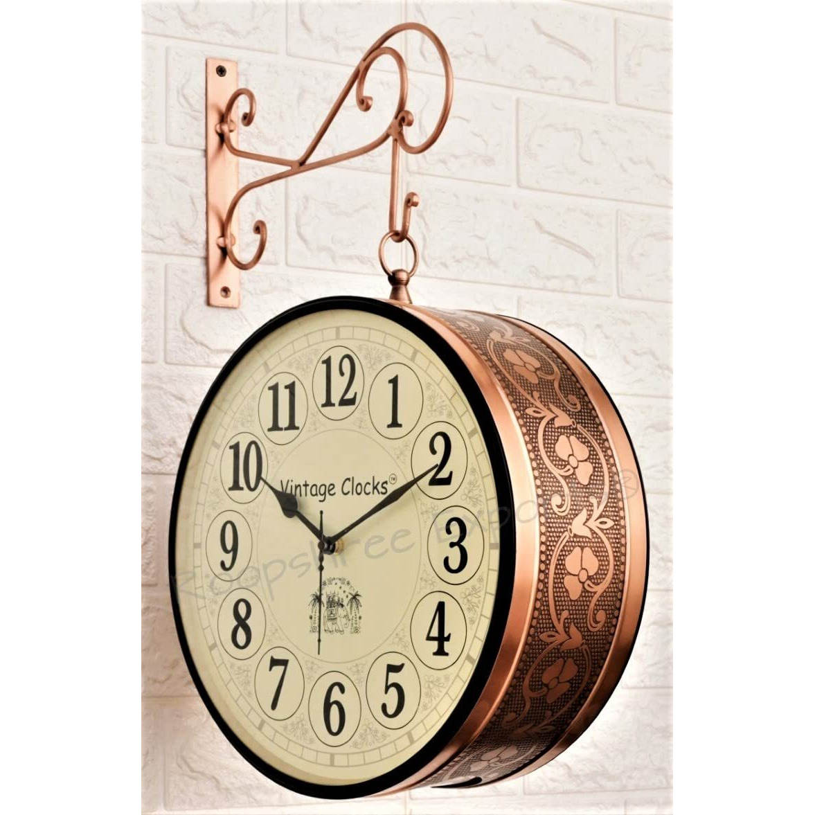 Vintage Clock Handcrafted Double Side Clock With English & Roman Numbers (12 Inches Size, Rose Gold Finish, Floral Design, Vc-65471) - Analog, Iron