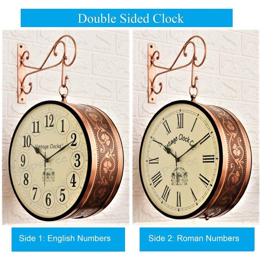 Vintage Clock Handcrafted Double Side Clock With English & Roman Numbers (12 Inches Size, Rose Gold Finish, Floral Design, Vc-65471) - Analog, Iron