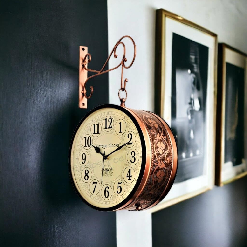 Vintage Clock Handcrafted Double Side Clock With English & Roman Numbers (12 Inches Size, Rose Gold Finish, Floral Design, Vc-65471) - Analog, Iron