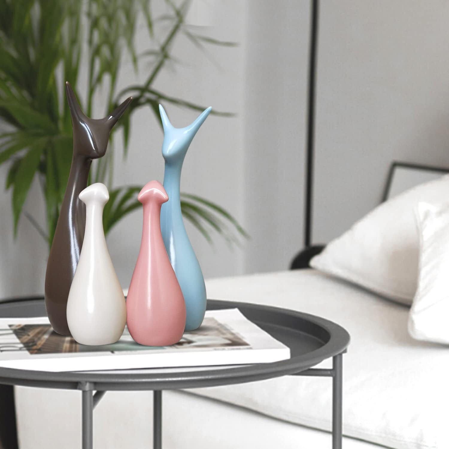 Xtore Home Dcor Lucky Deer Family Matte Finish Ceramic Figures- (Set of 4, Sky, Brown, Pink, Off-White)