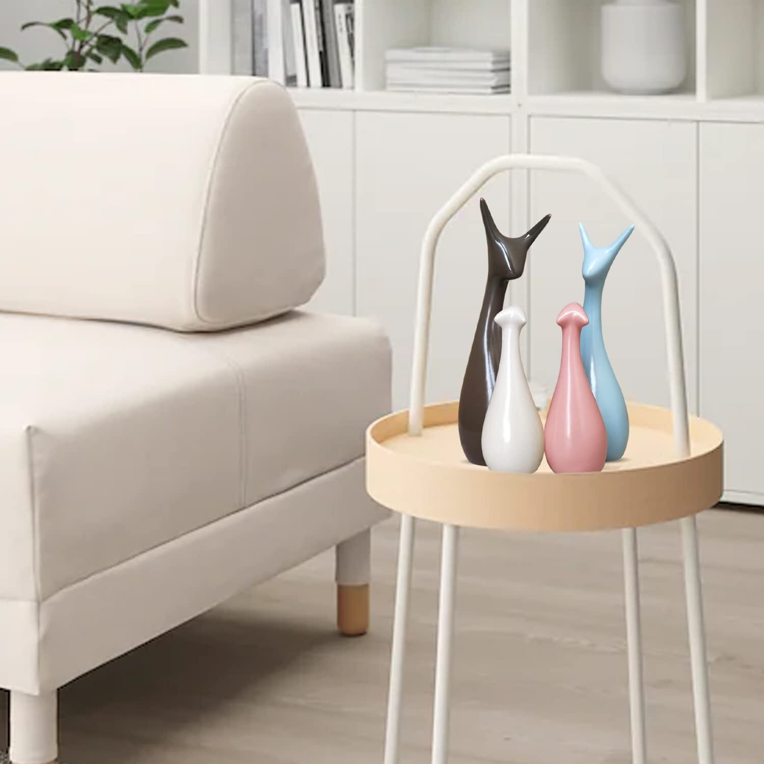 Xtore Home Dcor Lucky Deer Family Matte Finish Ceramic Figures- (Set of 4, Sky, Brown, Pink, Off-White)