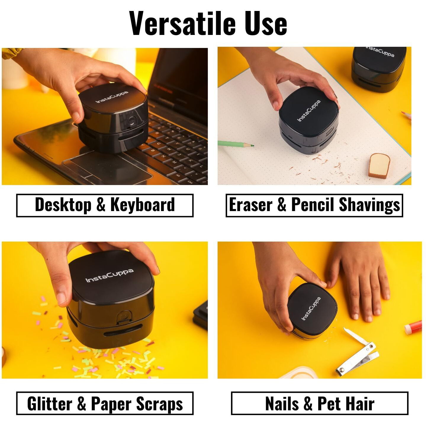 InstaCuppa Mini Portable Desktop Vacuum Cleaner, USB Rechargeable, Usage Time Upto 2 Hours, Cordless Sweeper for Cleaning Desktop, Pantry, Paper Shavings, Crumbs, Keyboard Dust, Nails & Pet Hair