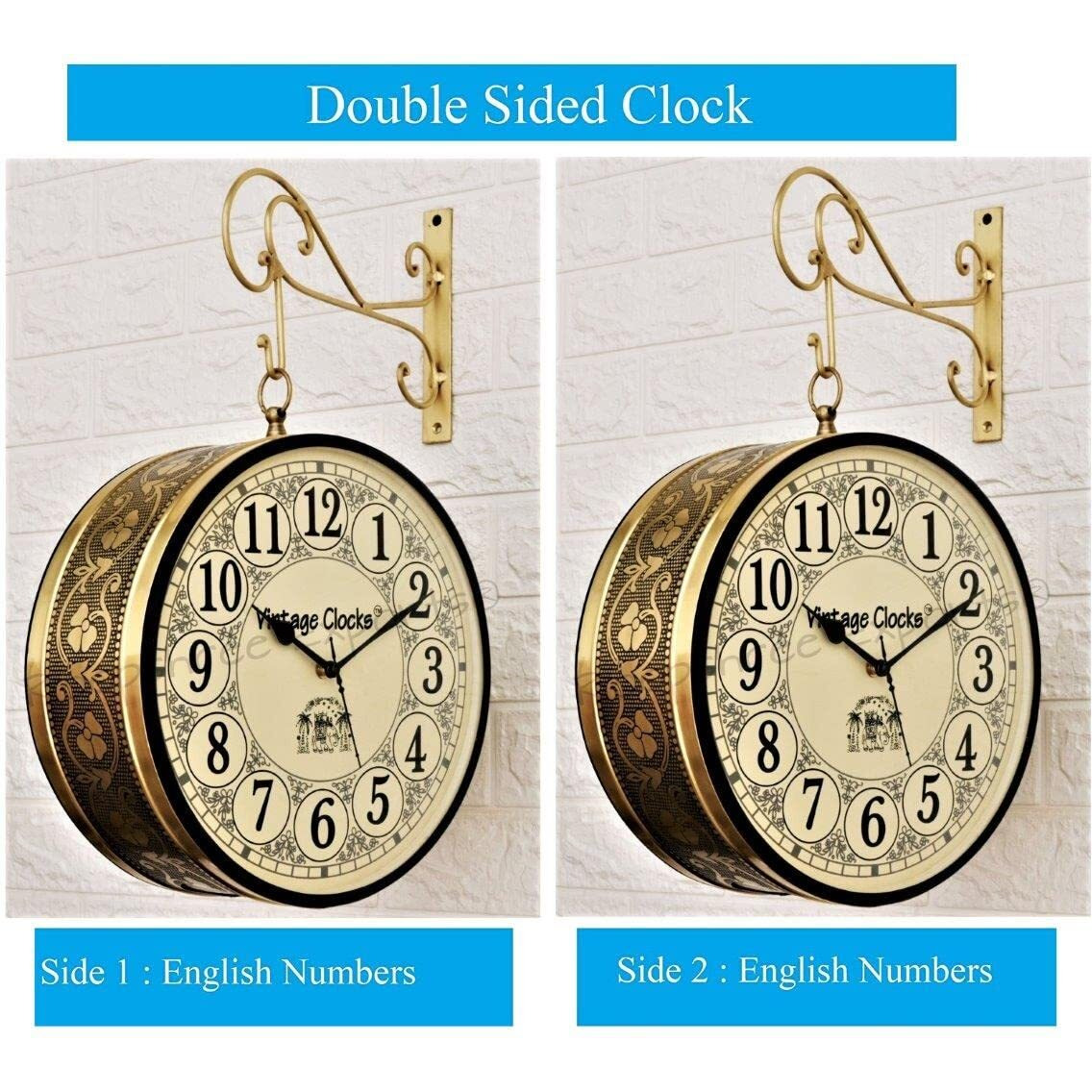 Vintage Clock Handcrafted Double Side Clock / 10 Inch/Brass Finish/Vc-65090 - Analog