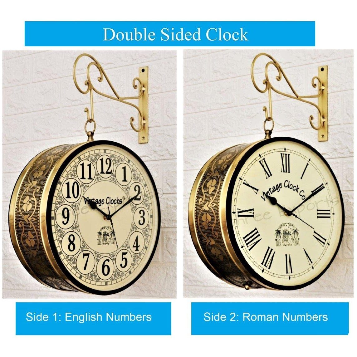 Vintage Clock Handcrafted Double Side Clock / 10 Inch/Brass Finish/Vc-65090 - Analog