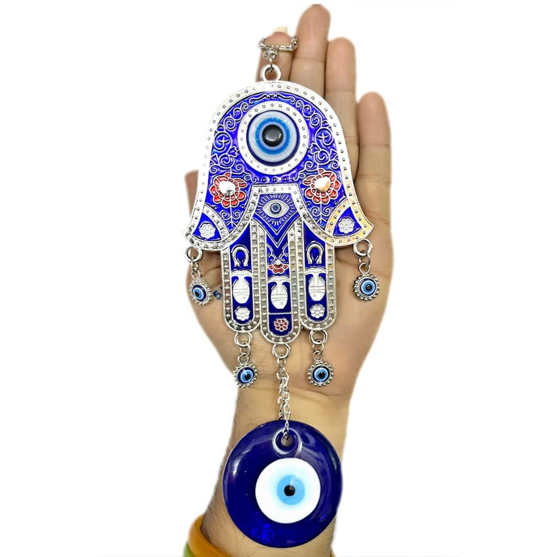 Dt Dectone Blue Evil Eye Nazar Battu With Big Size Hamsa Palm Design With Big Eye Home Decor Wall Hanging| Good Luck And Prosperity | Hanging Ornament - Metal, 25 Cm