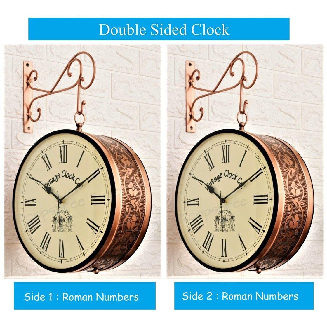 Vintage Clock Handcrafted Double Side Clock With Roman Numbers 1 Year Warranty (10 Inches Size, Rose Gold Finish, Floral Design, Vc-65471) - Analog, Iron